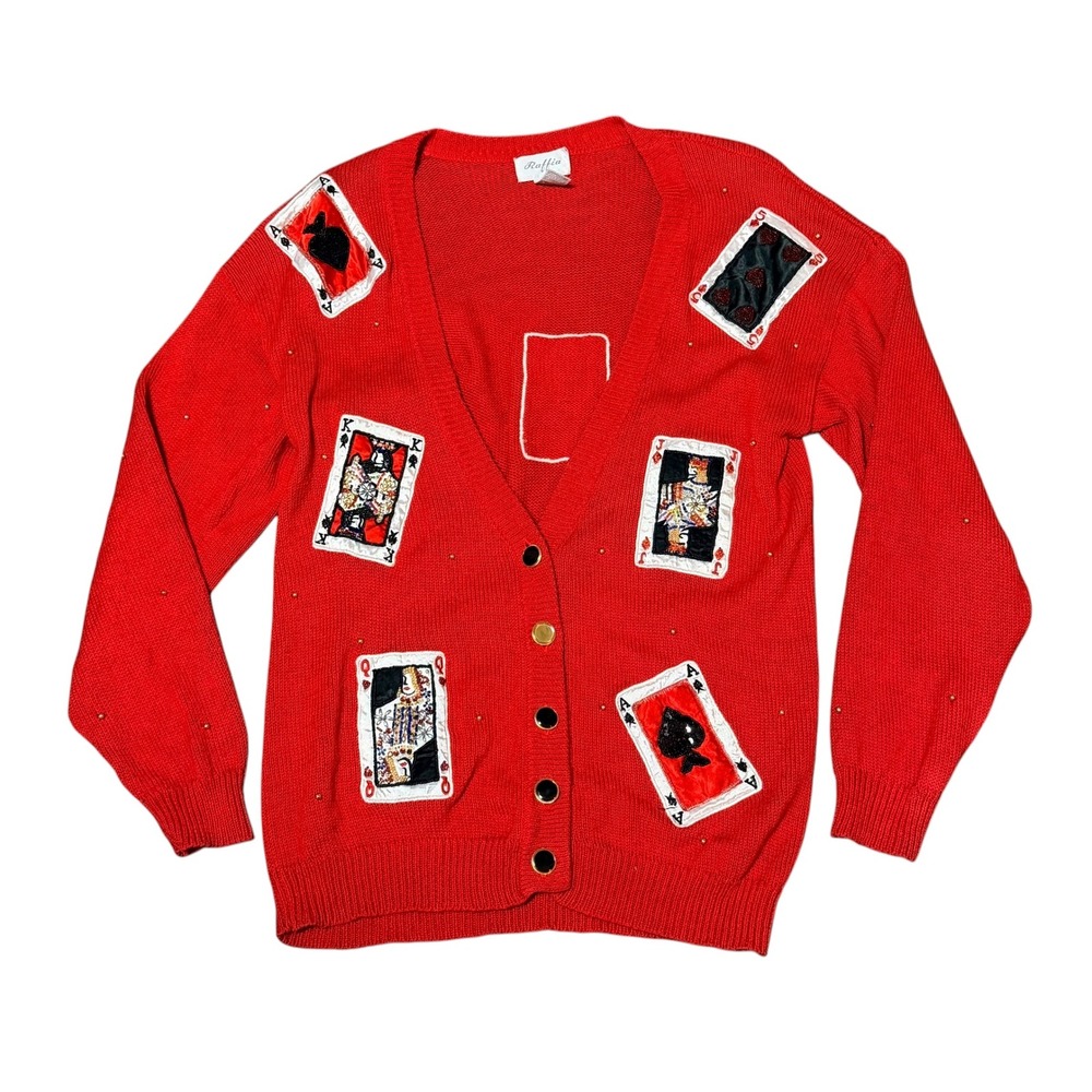 Raffia Vintage Red Playing Card Novelty Knit Cardigan Sweater Poker Casino XL